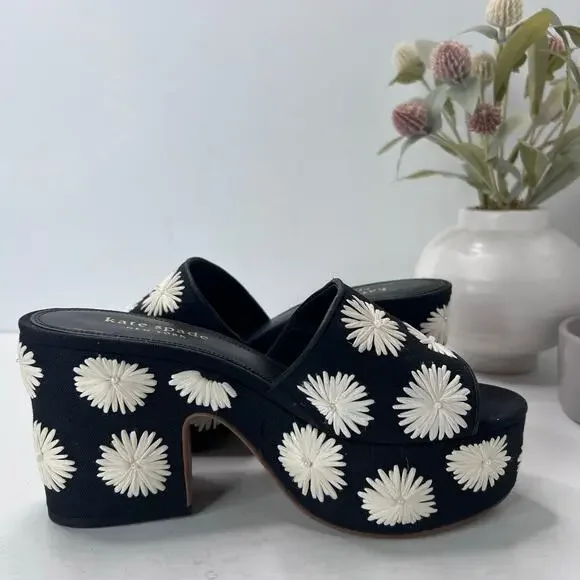 Kate Spade Ibiza Pom Pom Floral Platform Sandal Black/White Women's 7B - Picture 7 of 11